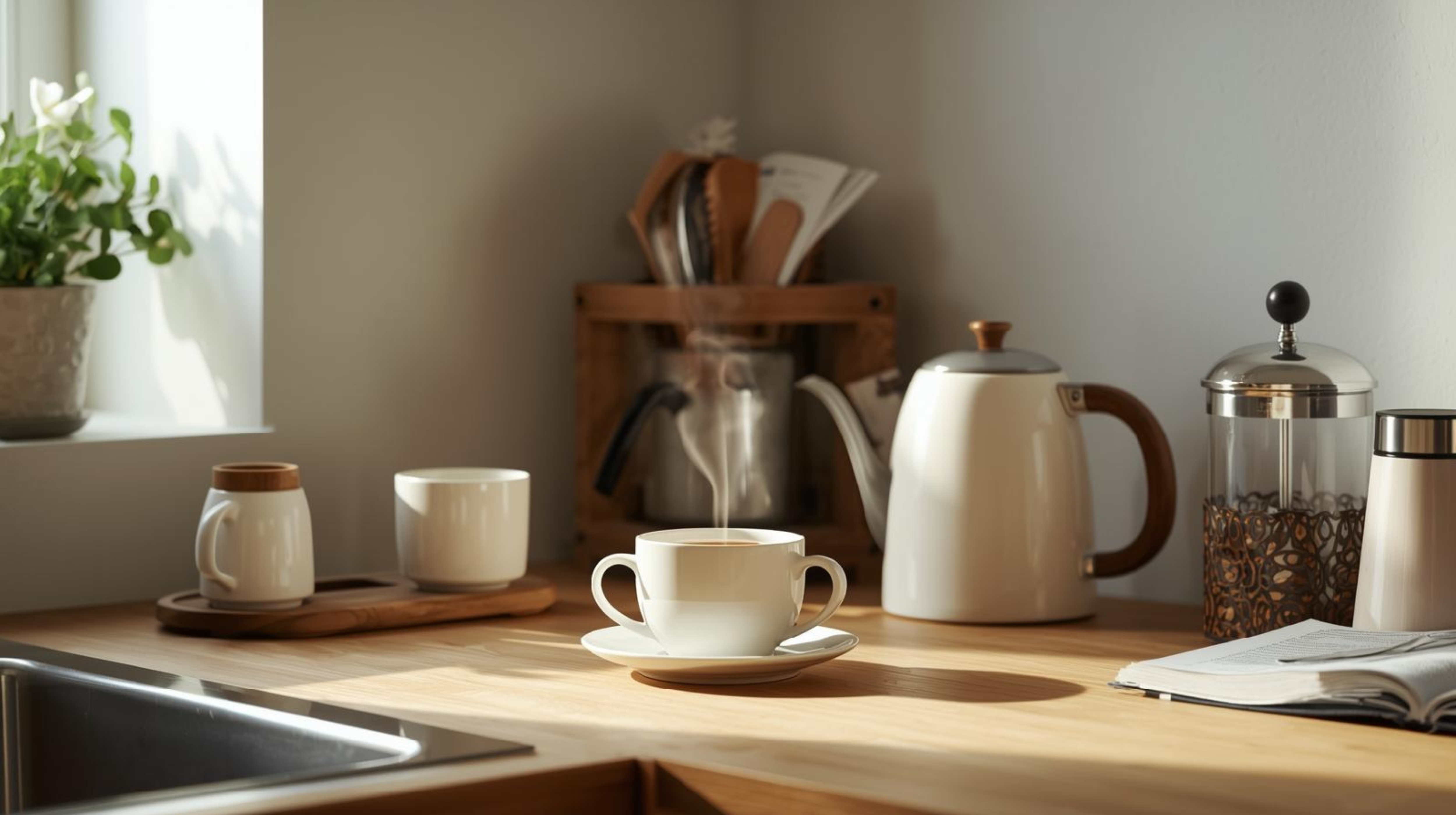 Coffee, tea and espresso essentials arranged in a cosy UK home kitchen