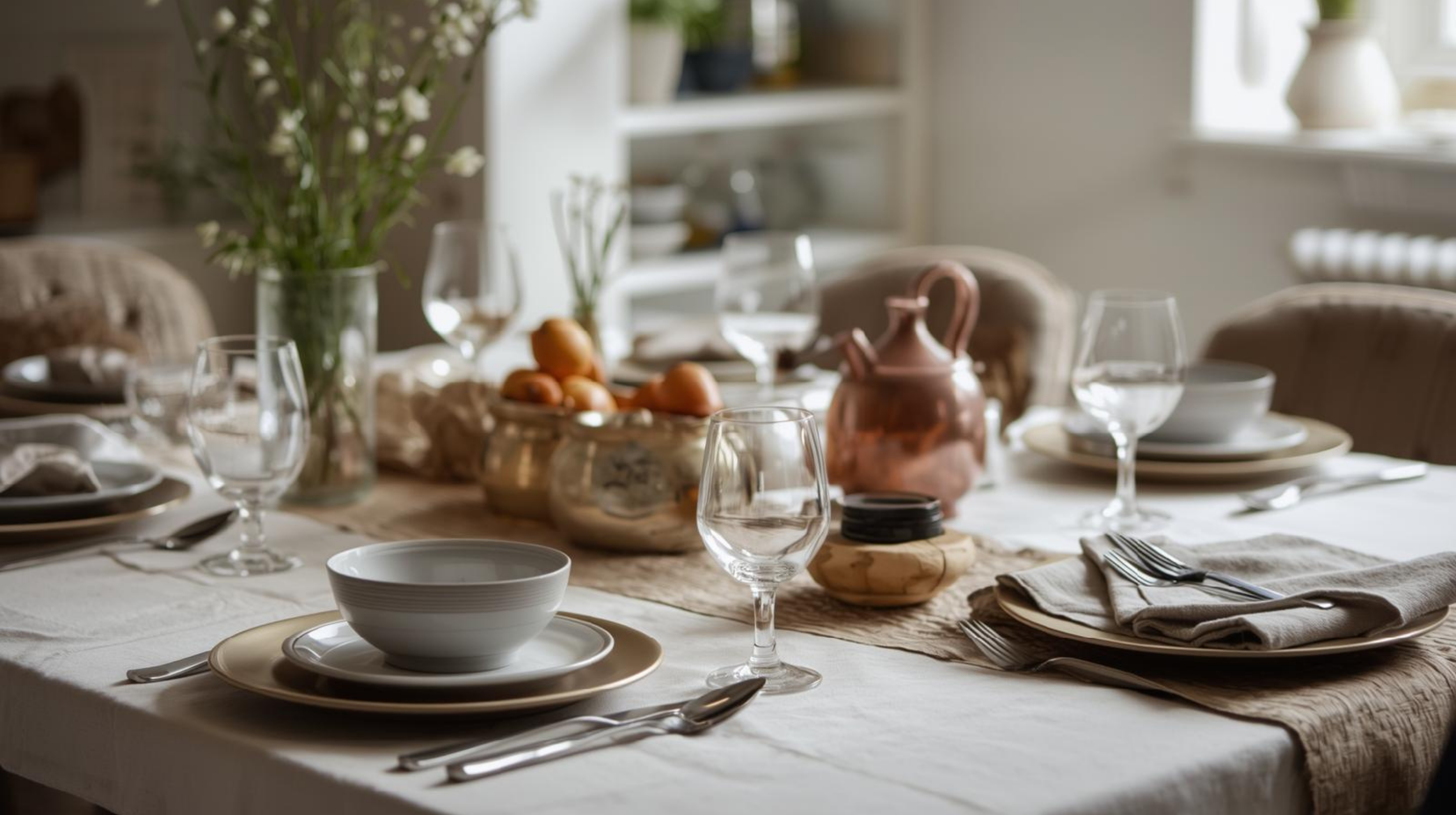 Dining and entertaining tableware arranged for a UK home setting