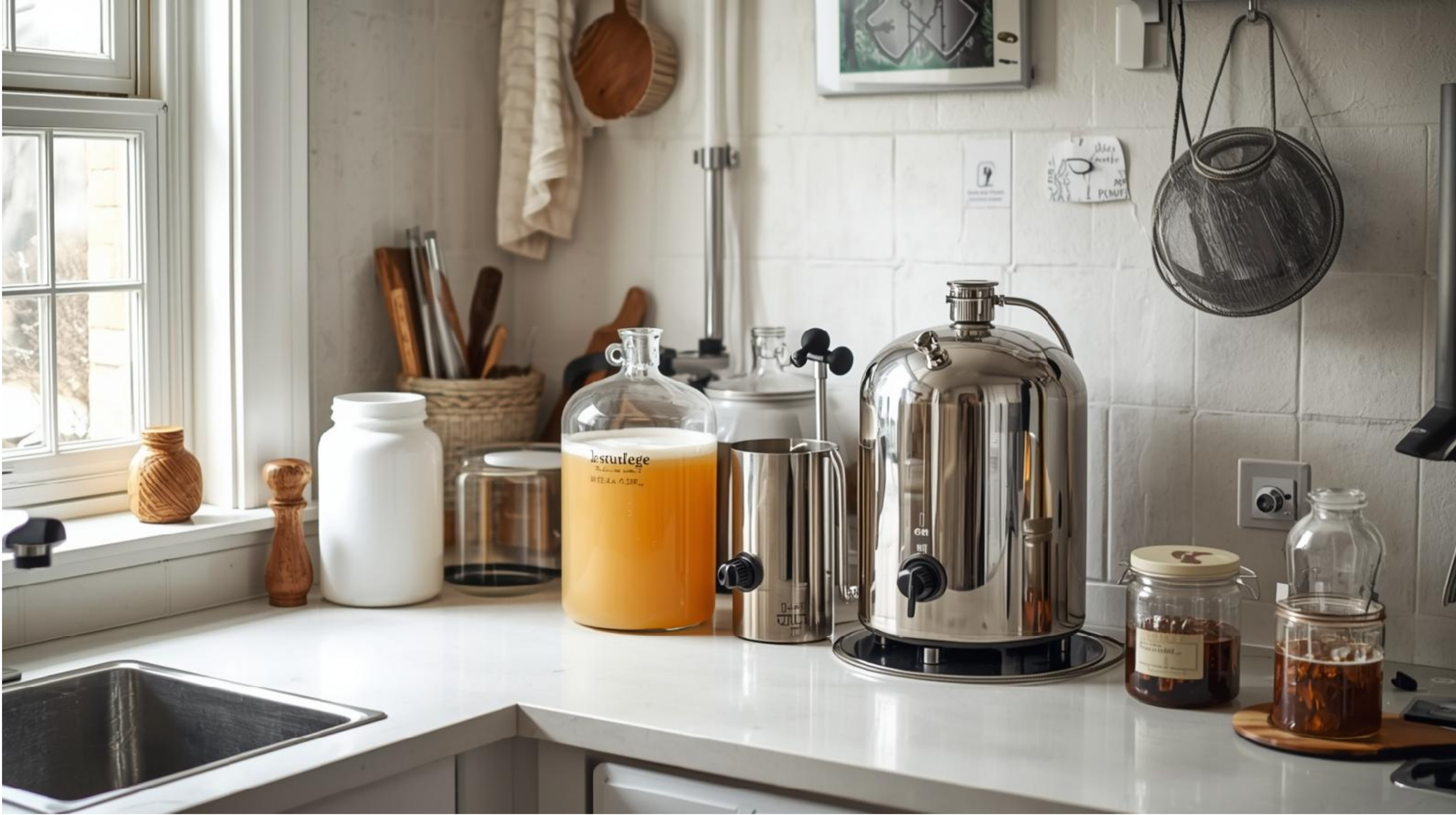 Home brewing and wine making equipment arranged in a UK kitchen