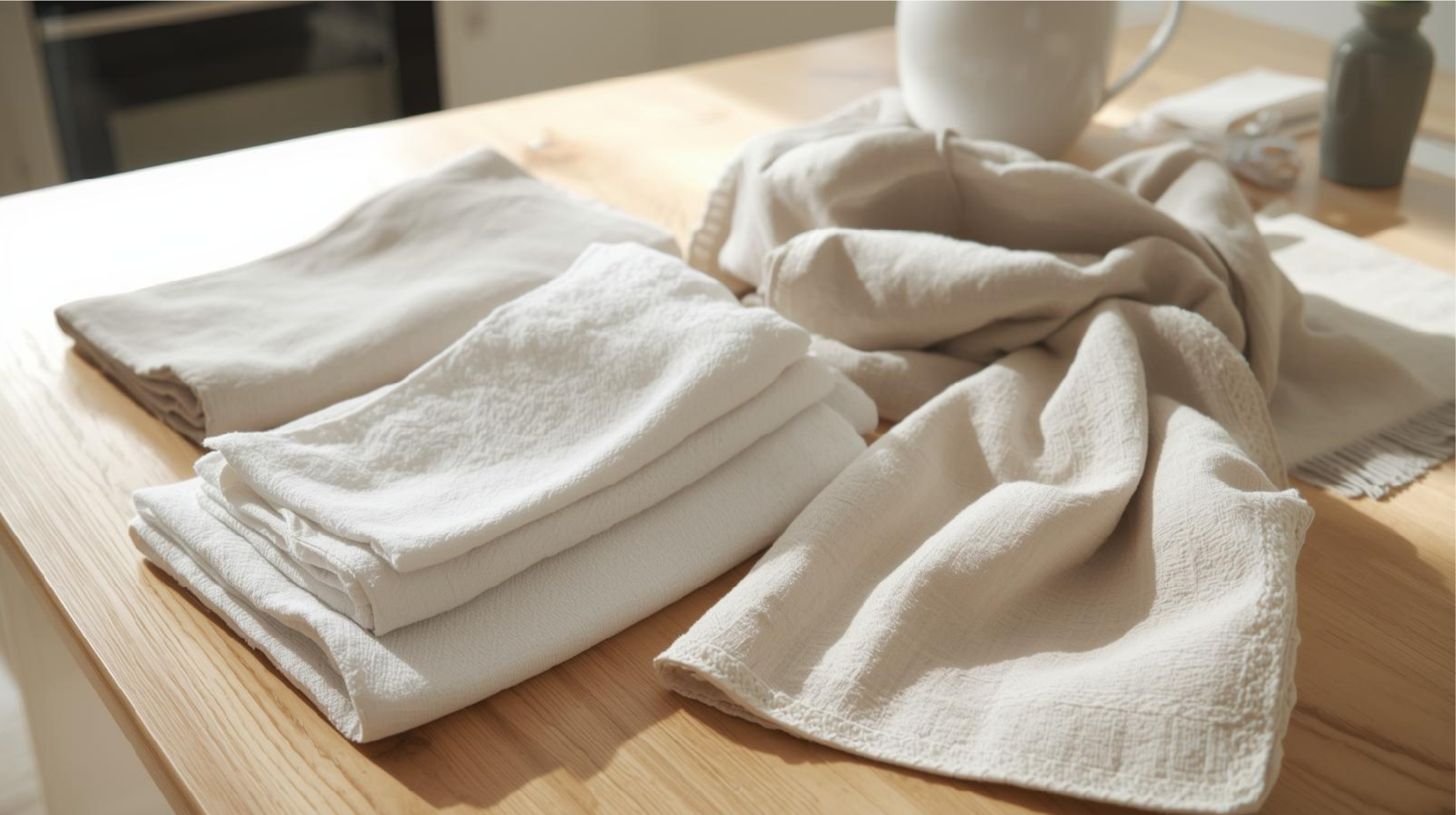 Kitchen and table linens arranged on a dining surface in a UK home