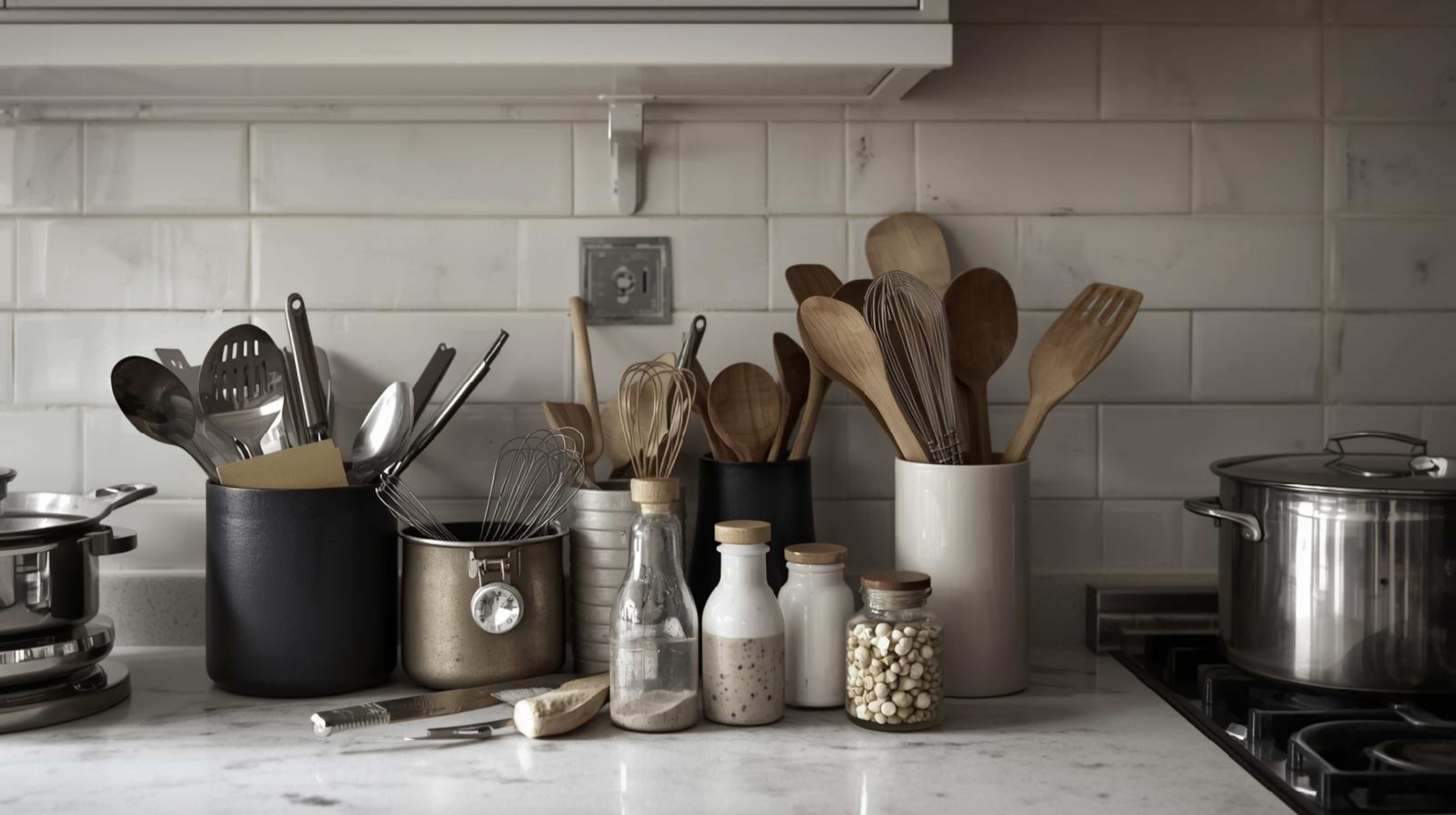 Kitchen utensils and gadgets organised on a UK kitchen counter