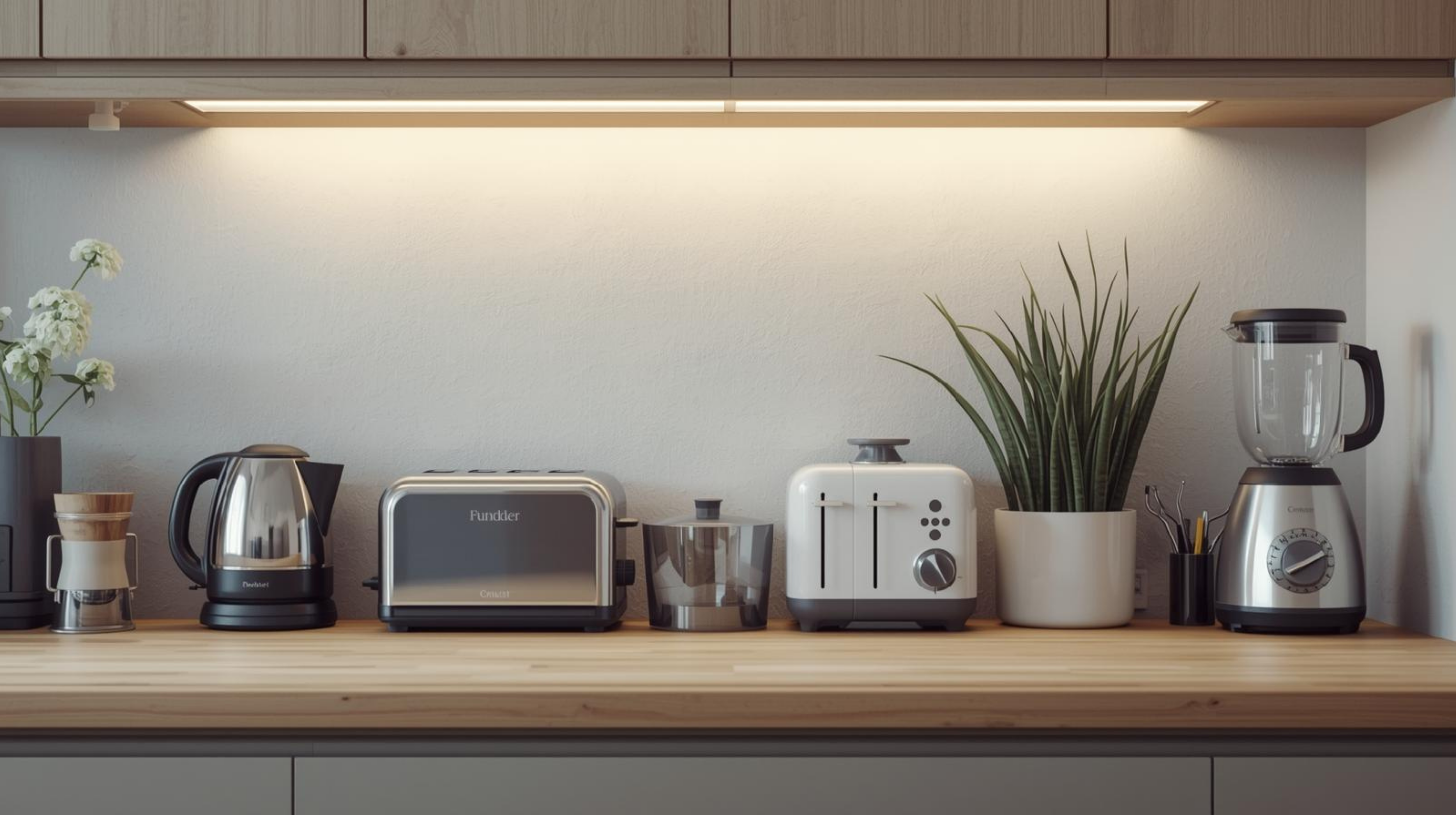 Small kitchen appliances arranged on a modern UK kitchen counter