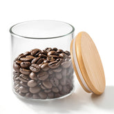 77L glass jar with bamboo lid provides airtight storage for dry ingredients.