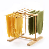 8SOM bamboo pasta drying rack with transfer wand for quick pasta transfer.