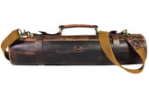 Aaron Leather Knife Roll in classic dark brown with secure pockets for up to 18-inch knives.