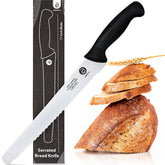 ABIOTO serrated bread knife blade close-up showing durable one-sided serrations for clean slices.