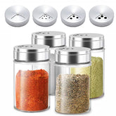 Aellabus 4-piece salt and pepper shakers set with clear glass bodies for easy seasoning.