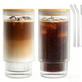 AFINSEA ribbed glass cups with lids and straws for daily iced drinks.