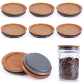 AFOROEOA 6-pack wide mouth mason jar lids with acacia wood and airtight silicone seal for freshness