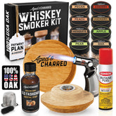 Aged & Charred whiskey smoker lid fitting rocks, Glencairn, coupe, and pint glasses for versatile use.