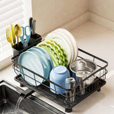 AIDERLY iron dish drying rack with auto drain keeps counters dry after washing.