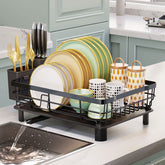 AIDERLY iron dish drying rack with drainboard keeps countertops dry and organized.