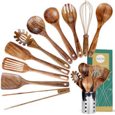 AIUHI Kitchen Utensils Holder shown with organized teak tools for easy wall storage.