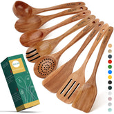 AIUHI teak wooden spoons with a smooth finish for gentle nonstick cooking.