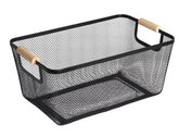 AJIODA metal mesh basket with wood handle for rectangle black storage and easy pantry access