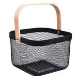 AJIODA metal mesh basket with wooden handle for organized kitchen storage.