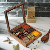 Ajuny wooden spice box with glass lid showing compact 8x8 inch design for storage.