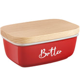 ALELION red butter dish with lid on counter, stylish and practical for easy butter access