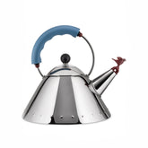 Alessi 9093 kettle with bird whistle, stainless steel body and blue handle for quick alert boiling