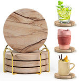 Almagic sandstone coasters with holder on a coffee table, showcasing natural elegance.