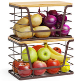 ALOCEO 2-pack stackable wire basket with bamboo lid for organized under-sink storage.