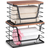 ALOCEO stackable trash bag dispenser with stainless steel body and bamboo top, ideal for under-sink organization.