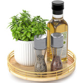AMH Farmhouse Oak 9inch Lazy Susan top view shows elegant wood grain and accessible storage