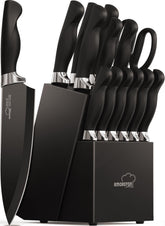 Amorston 15-piece knife set with block and built-in sharpener for organized prep.