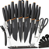 Amorston knife set in clear acrylic block displaying organized, durable kitchen tools.