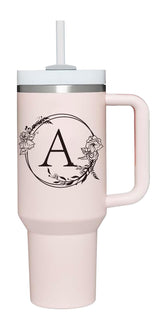AMZUShome personalized 40oz tumbler with handle showing initials for a unique gift.