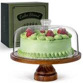 ANBOXIT cake stand with dome lid on warm acacia wood base for elegant display