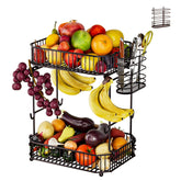 ANJUBAN heavy 2-tier fruit basket with banana hooks for organized counter storage.