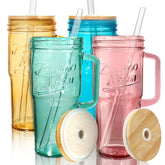 ANOTION colored glass cups with handles in vibrant hues for everyday beverages.