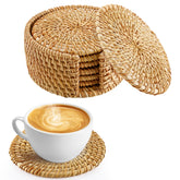 ANPHSIN coasters on wood table show natural rattan texture and heat protection.