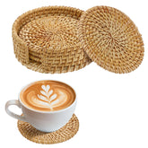 ANPHSIN rattan coaster set on table for table protection and style.