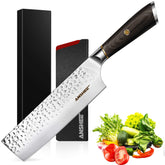 Anshee 7 inch Nakiri blade with hammered texture for smooth vegetable prep