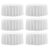 Aocoz round 120-inch white tablecloth in six-pack, durable and reusable for events.