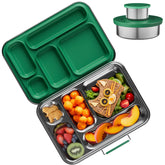 AOHEA stainless steel kids bento box with green lid; durable build for daily school lunches.