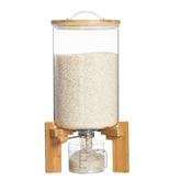 Aprilhp 8L rice dispenser in clear glass on a wooden stand for neat pantry organization.