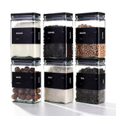 apt-1101 26 oz rectangular glass jar with bamboo lid for organized pantry storage.