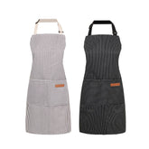 ARBINSON beige and black striped apron front view showing two pockets for organization