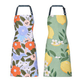 ARBINSON floral apron in yellow lemon design front view protects clothes while cooking.