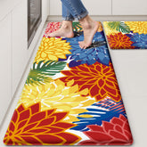 Arenarug kitchen mats with floral-pattern close-up show soft cushioning for long prep sessions.