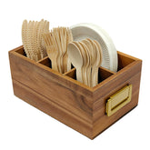 Arflo Acacia Silverware Holder with handle, side view, portable for parties and picnics.