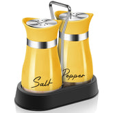Arrozon yellow salt and pepper set with holder on the counter for easy transport.