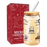 Arsemica Christmas glass cup with lid and straw for festive sipping