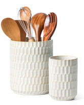 ArteBake utensil holder large beige on the counter keeps bulky tools organized and within reach.