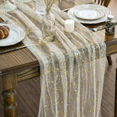 Artoid Mode beige gold gauze table runner enhances wedding reception tables