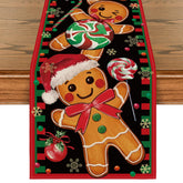 Artoid Mode black gingerbread candy cane table runner on a holiday table, adds festive flair.