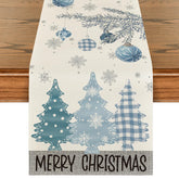 Artoid Mode Blue Pine Trees table runner protects surfaces and adds festive color.